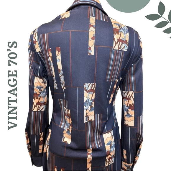 Vintage 70s Leo-Danal for Normie Hum Navy Blue Abstract Floral Shirt Dress Midi - Picture 8 of 10